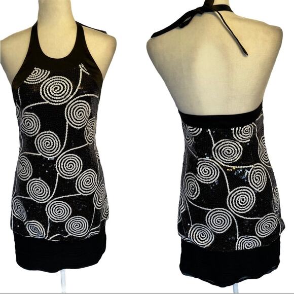 Cache Y2K Glam Black & White Sequin Embellished Swirl Mini Party Dress Size 6 - Picture 5 of 9